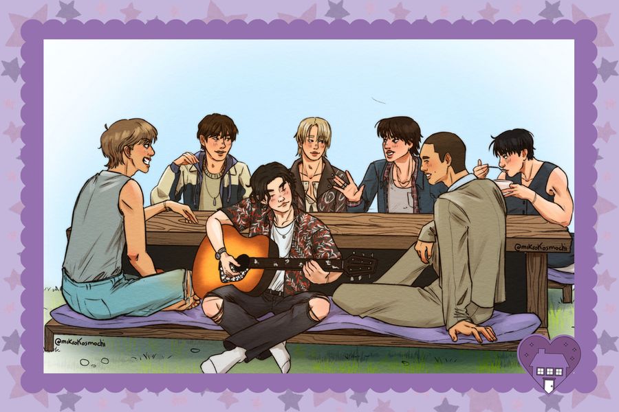 A drawing of the BTS members hanging out around a picnic table, each one is wearing their outfits from their solo eras. Taehhyung at the far left wearing an outfit from Layover, Hoseok in fron of him in a Hope On the Street outfit, Jimin at his side in a MUSE outfit, Jin in a HAPPY outfit next to him clearly in the middle of making a joke. Jungkook is next in one of his outfits from Golden, eating, Namjoon is in front of him in his outfit from RPWP. Yoongi is in the middle, playing the guitar on his D-Day outfit