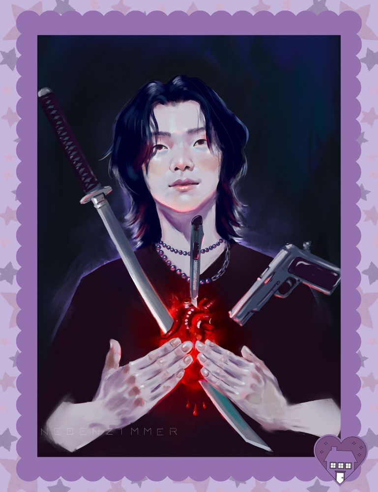 A stylised digital painting of Yoongi with long, dark, wavy hair and a calm expression. He wears a black shirt and a beaded necklace. Three weapons—a katana, a knife, and a handgun—are aimed at his glowing, red, exposed heart, which he holds protectively with both hands. The background is dark, drawing attention to the intense red glow and weapon details. The artist’s signature, “NEBENZIMMER,” appears at the bottom
