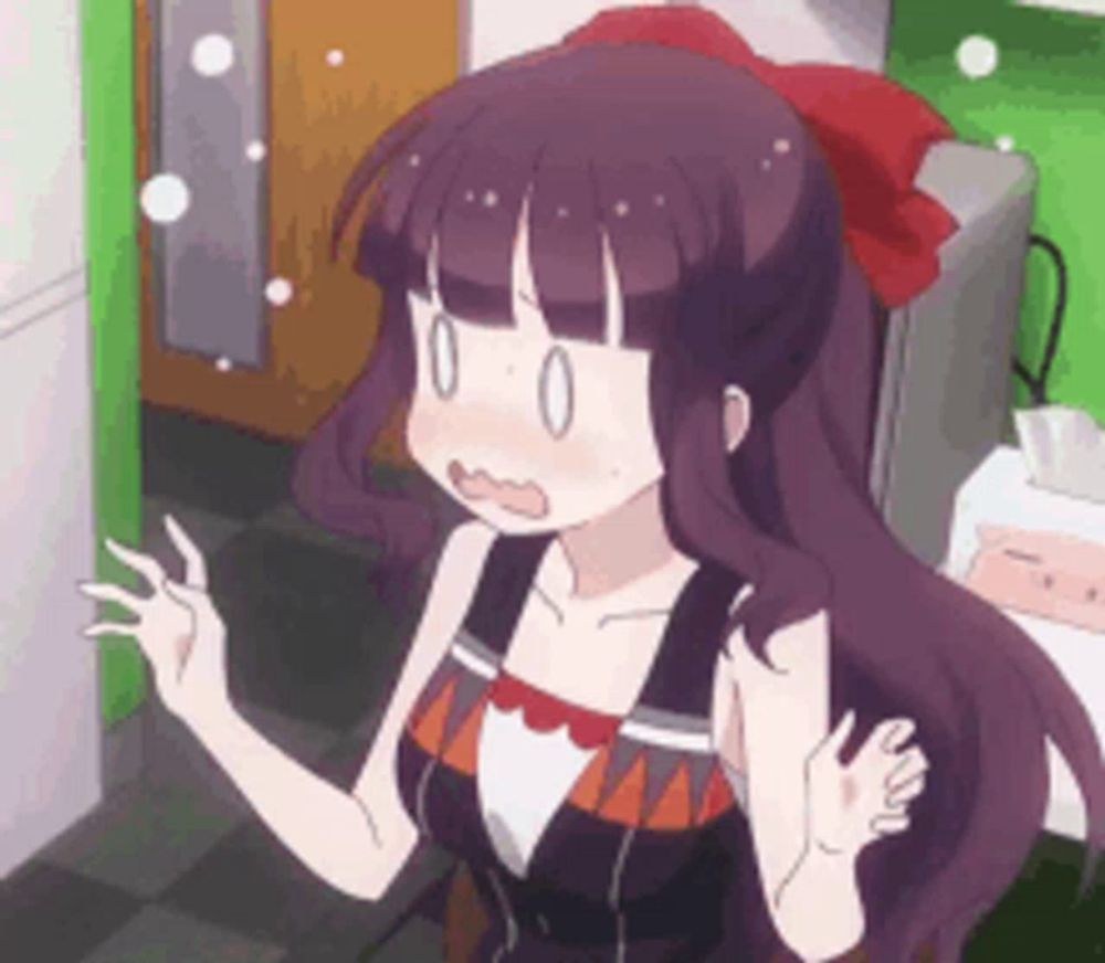 a girl with purple hair and a red bow in her hair is making a funny face .