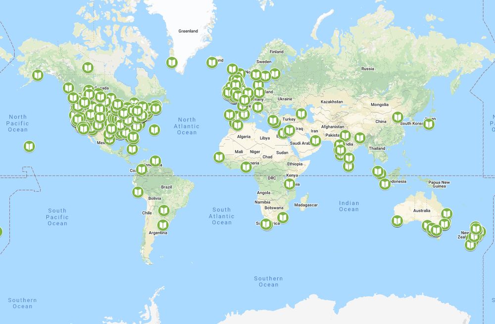 Map of the world with pins where indie bookshops are