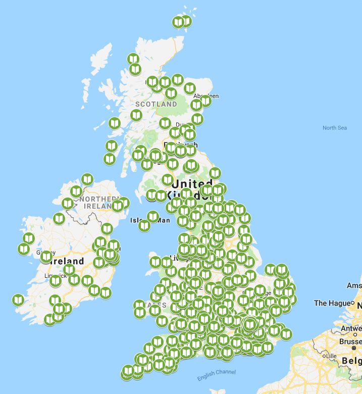 Map of the British Isles with indie bookshop locations added as pins