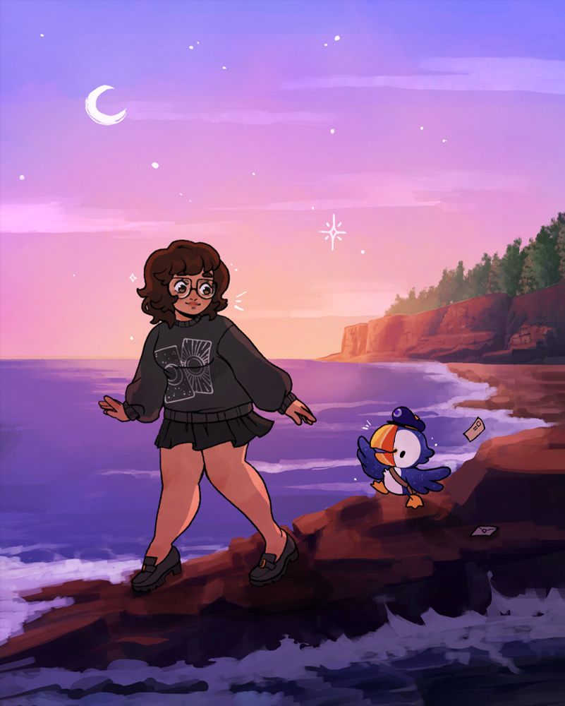 A woman in glasses dressed in a tarot card sweater (from the Nighton Collection at FrameRate Merch), a flowy black skirt, and loafers. She steps down rocks on a rocky beach near an ocean. She is accompanied by a small blue puffin with a mailman's hat and messenger bag. The sun sets in the background as envelopes trail behind them.