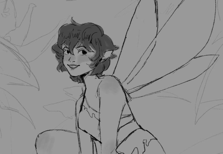 Grayscale sketch of Crysta from Ferngully.