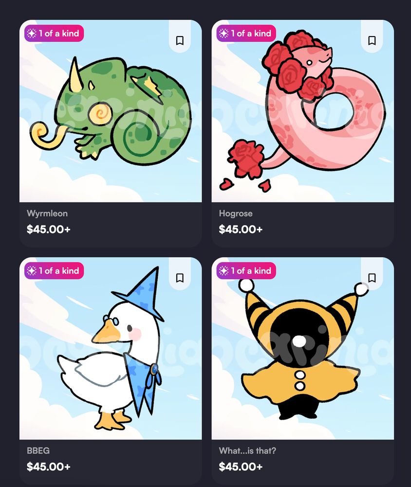 Four creature designs for sale:
1. A green chameleon dragon.
2. A pink rose hognose snake.
3. A duck dressed as a wizard.
4. A mysterious creture dressed in yellow, white, and black.