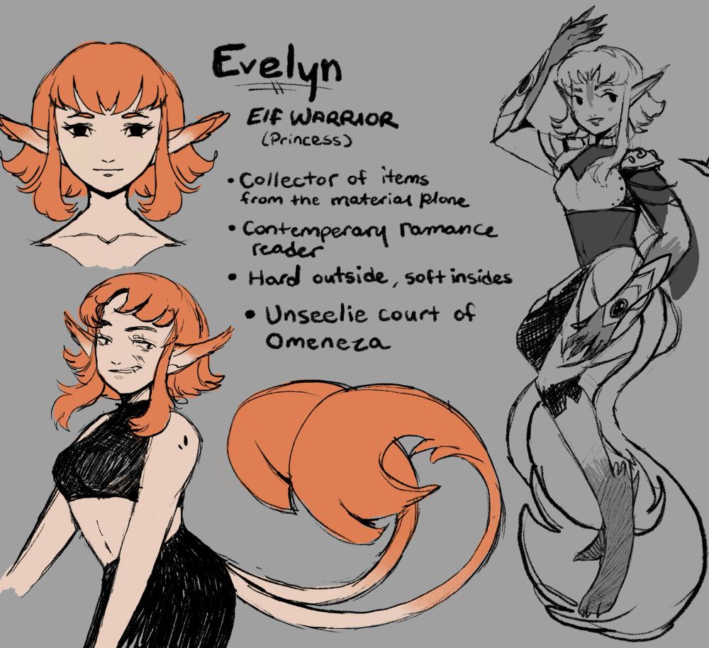 Evelyn, elf warrior (princess). Collector of items from the material plane. Contemporary romance reader. Hard outside, soft insides. A member of the Unseelie Court of “Omenza.”