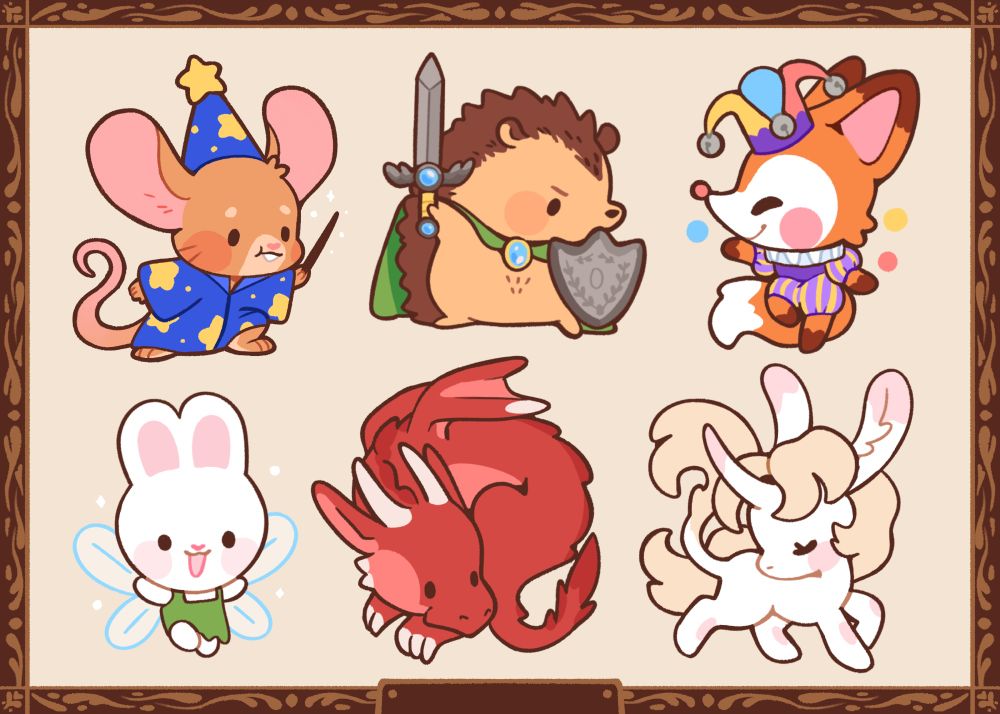 A layout of fairytale critters: a Wizard mouse, knight hedgehog, jester fox, fairy bunny, red dragon, and white unicorn.