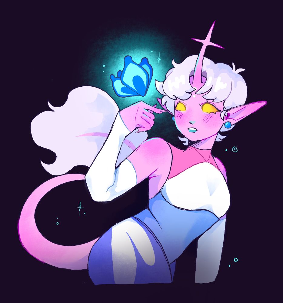 A pink feminine tiefling with short, fluffy light-pink hair and a single horn on her forehead that points out like a star. She gazes at a bright blue butterly that shines upon her.
