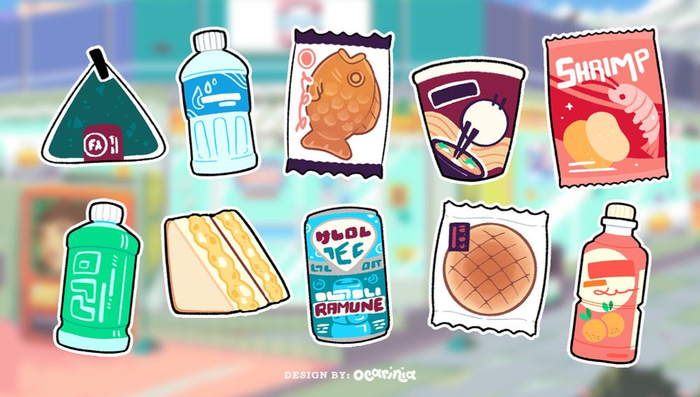 Various convenience store food items: onigiri, water bottle, packaged taiyaki, instant ramen cup, shrimp chips, sports drink bottle, egg salad sandwhich, soda can, packaged pan, and a juice bottle.