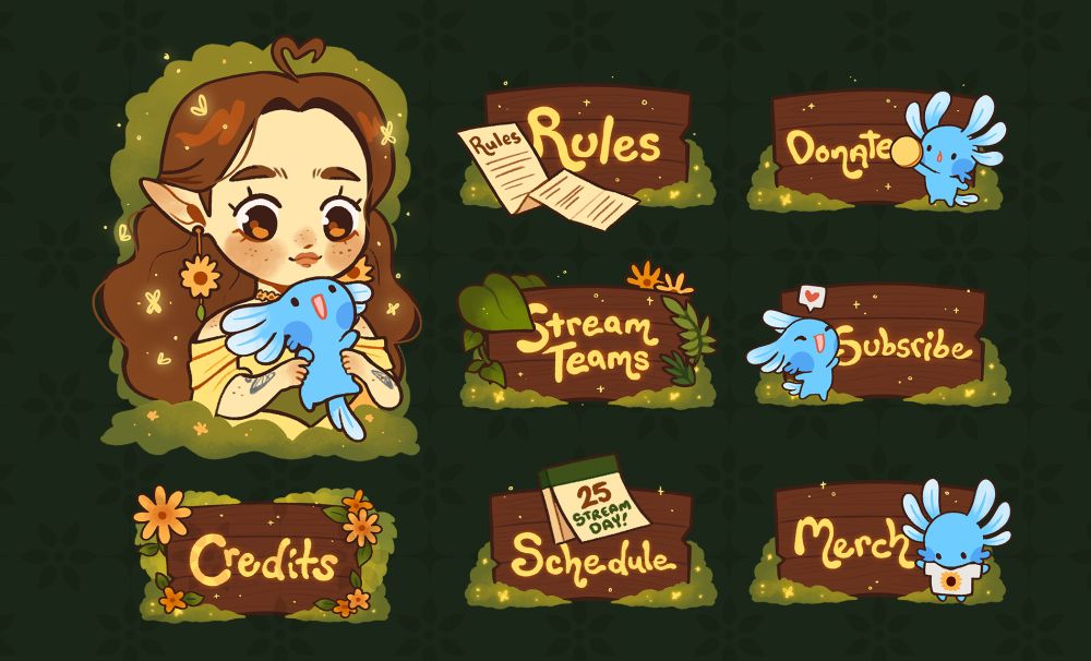 A set of panels for a Twitch profile: various wooden signs surrounded in grean foliage and orange flowers. They have whimsical yellow glowing text. Some panels feature a little blue axolotl-like mascot.