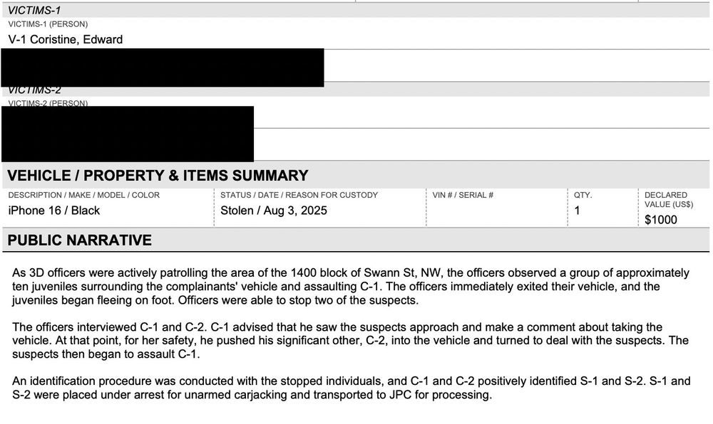 VICTIMS-1
VICTIMS-1 (PERSON)
V-1 Coristine, Edward
VICTIMS-2
VICTIMS-2 (PERSON)
VEHICLE / PROPERTY & ITEMS SUMMARY
DESCRIPTION / MAKE / MODEL / COLOR
STATUS / DATE / REASON FOR CUSTODY
iPhone 16 / Black
Stolen / Aug 3, 2025
VIN #/ SERIAL #
QTY.
1
DECLARED
VALUE (USS)
$1000
PUBLIC NARRATIVE
As 3D officers were actively patrolling the area of the 1400 block of Swann St, NW, the officers observed a group of approximately ten juveniles surrounding the complainants' vehicle and assaulting C-1. The officers immediately exited their vehicle, and the juveniles began fleeing on foot. Officers were able to stop two of the suspects.
The officers interviewed C-1 and C-2. C-1 advised that he saw the suspects approach and make a comment about taking the vehicle. At that point, for her safety, he pushed his significant other, C-2, into the vehicle and turned to deal with the suspects. The suspects then began to assault C-1.
An identification procedure was conducted with the stopped individuals, and C-1 and C-2 positively identified S-1 and S-2. S-1 and S-2 were placed under arrest for unarmed carjacking and transported to JPC for processing.