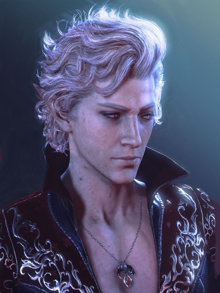 Portrait screenshot of Astarion in backlit moonlight wearing a high-collared open-chest shirt and an ornate necklace. 

My first post in a long while! I'm trying to ease myself into this versus overwhelming myself with learning too much at once. Soooo much color correction was done for this--I hope it turns out okay on all screens....