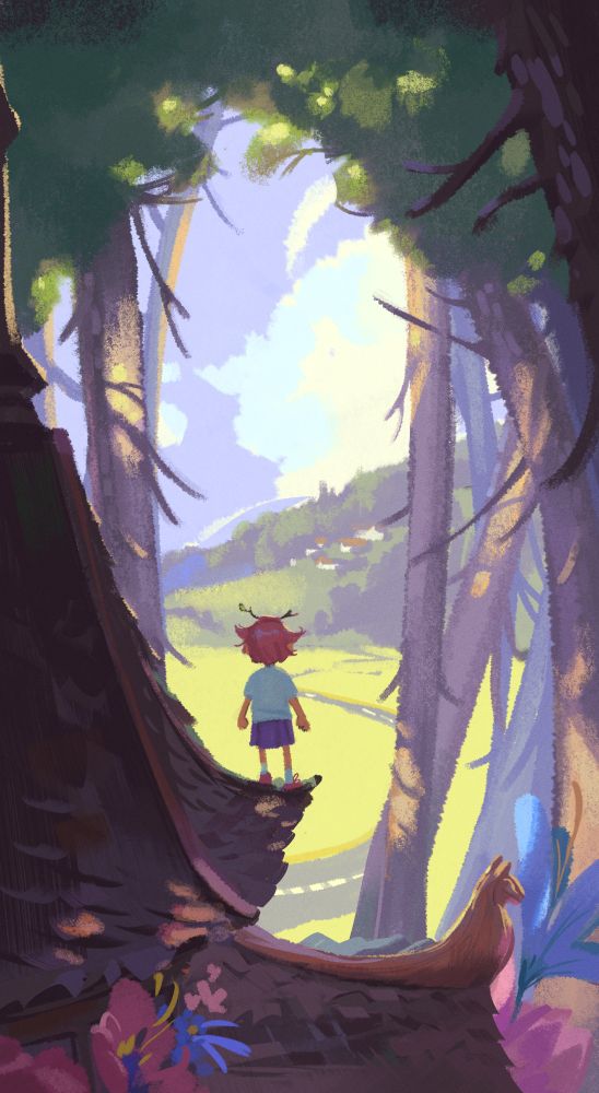 The girl stands on the edge of the roof and looks into the distance. The house is old and surrounded by trees. Flowers grow from the windows of the house. There are sunlit fields ahead.
