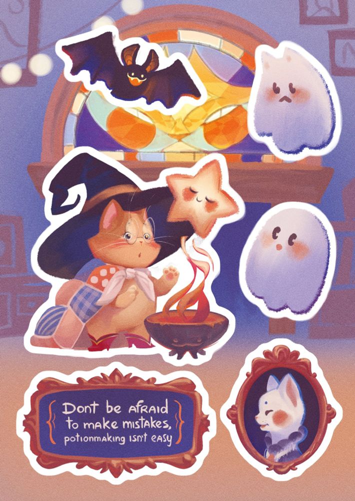 wizard cat in a big hat brewing a star. he is surrounded by little ghosts. a portrait of his teacher cat is reminding little wizard, that he should not be afraid of making mistakes