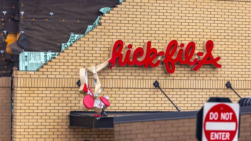 A picture showing storm damage to a commercial sign in Louisville. It's a Chick-fil-A. The sign now reads hick-fil-A.                