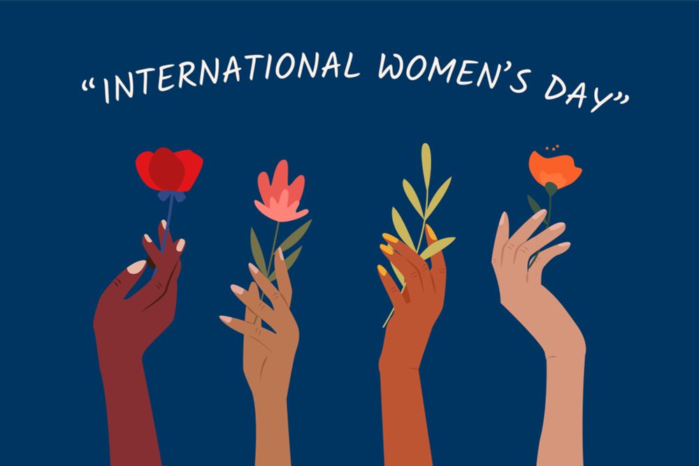 International Women’s Day with images of hands holding up flowers