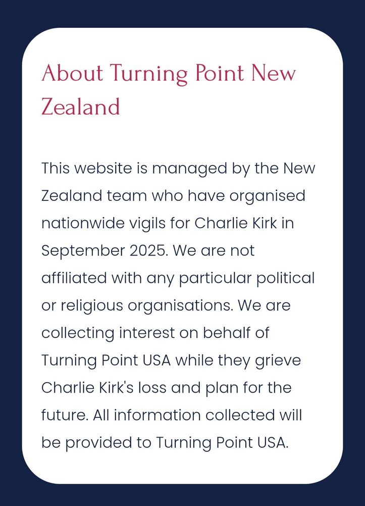 About Page screencap from Turning Point NZ's website. All the data you give them will go to Turning Point USA.