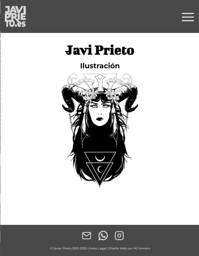 Screenshot of a website in grey scale: charcoal header and footer, white main body with the words Javi Prieto Ilustración in black and a black and white drawing of a witch underneath.