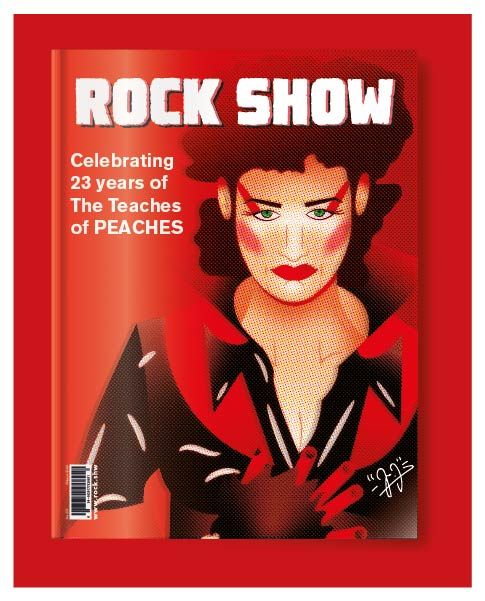 Mock up of a magazine cover featuring a vector portrait of Canadian singer Peaches dressed in a red an black vinyl suit. The magazine's name is ROCK SHOW (like of her songs) and the supporting text reads CELEBRATING  YEARS OF THE TEACHES OF PEACHES.