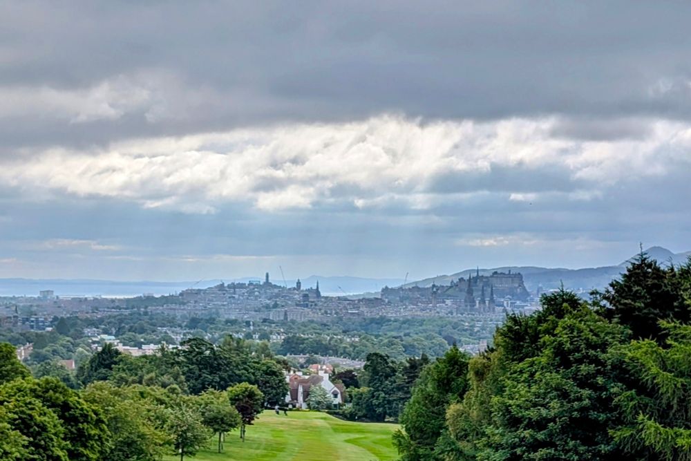 The view East from The Rest And Be Thankful viewpoint towards the Edinburgh skyline