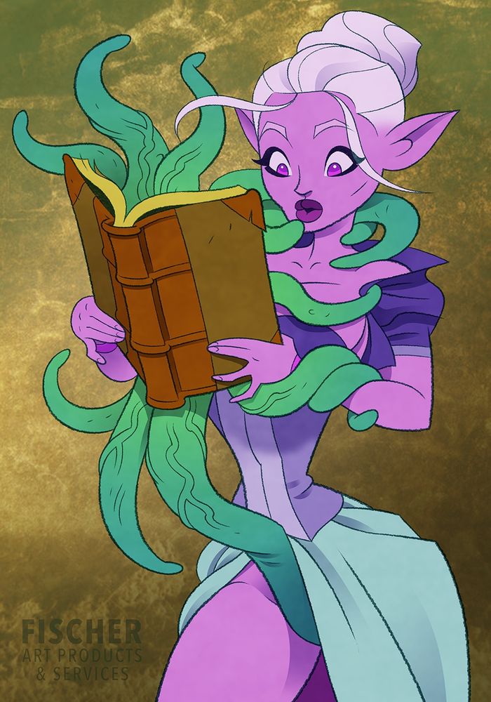 Fetter practices the art of necromancy, opening a forbidden, leather-bound tome which erupts with slimy, green tentacles, which immediately begin to slither under her clothes!