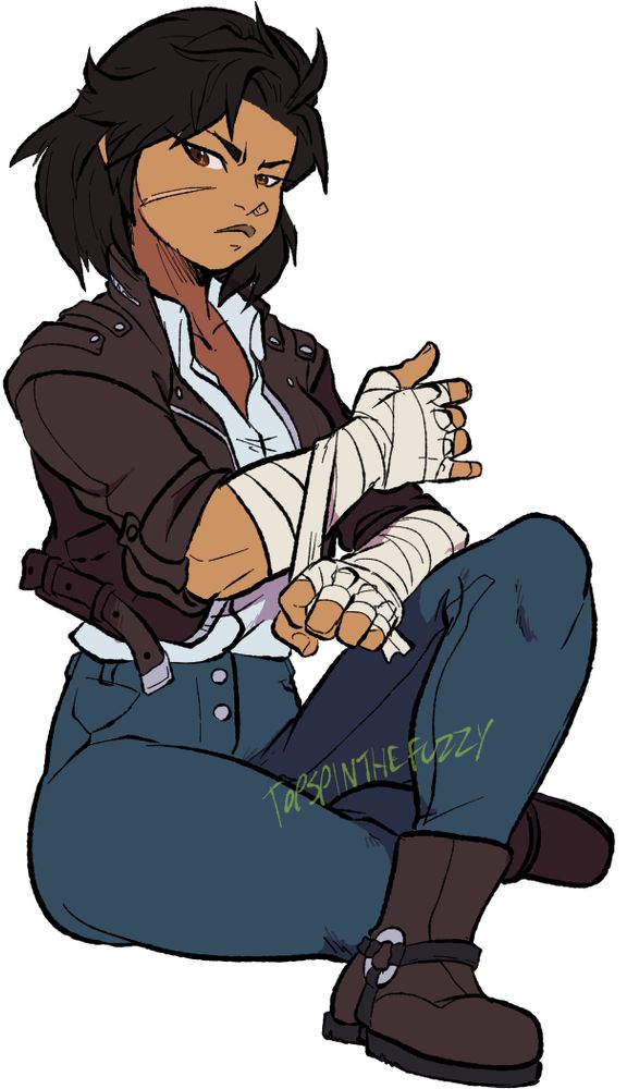 Terra, a young woman wearing a cropped leather jacket and high-waisted jeans, sitting on the ground while adjusting some wraps around her forearms.