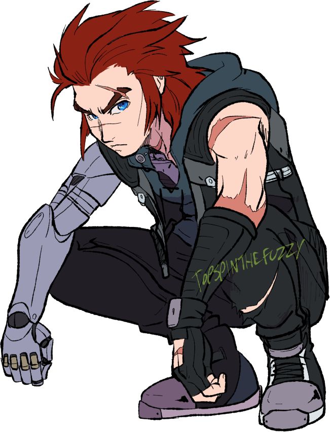 Arthur, a young, redheaded man with a robotic right arm, squatting down so as to look like a hoodlum.  A rascal, if you will.