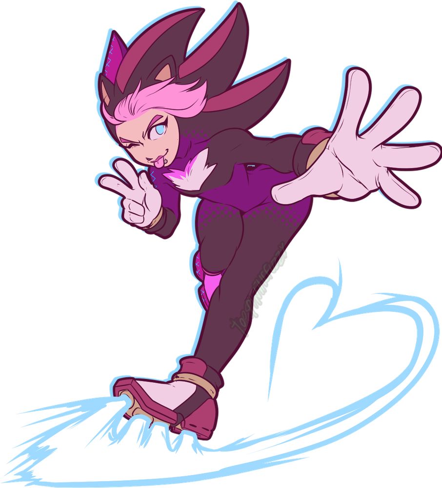 Jett, a pink-haired femme character, wearing a Shadow the Hedgehog onesie, winking and skating towards the 'camera', leaving a heart-shaped trail behind.