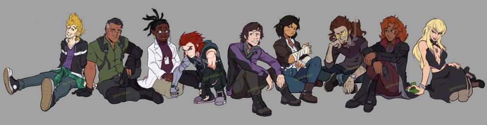 A collection of characters sitting on the ground. From left to right: Joel, a pale blonde haired young man. Jack, an older man in pseudo military gear. Maya, an older woman in a lab coat. Arthur, a red-haired young man with a robotic prosthetic right arm. Dash, a handsome young man wearing a nondescript outfit and purple coat. Terra, a young woman with martial arts wraps around her forearms. Walsh, a middle aged man smoking a cigarette and looking perturbed. Amelia, a young tan woman with orange hair wearing a long black coat, holding a revolver. And finally Vivienne, a sultry woman woman with long blonde hair, fiddling with a stack of dollar bills in her right hand.