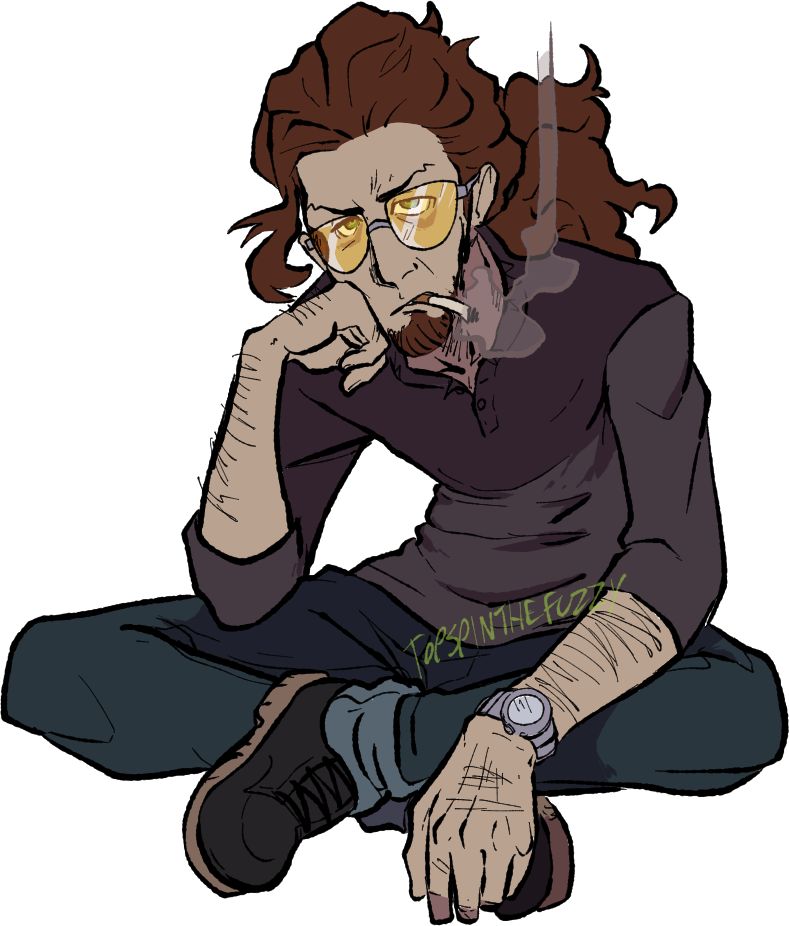 Walsh, a man approaching middle age with long wavy hair tied back into a loose ponytail, sits on the floor lazily while smoking a cigarette