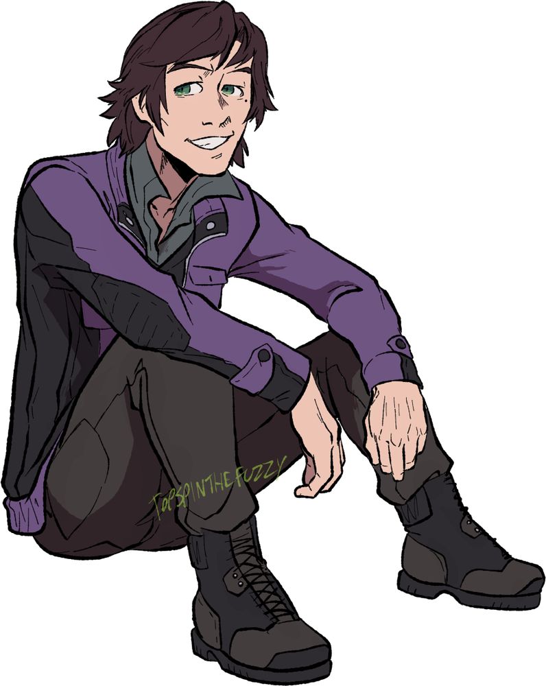 Dash, a young, pale man with green eyes and brown hair, sits casually on the ground. He is wearing a purple and black jacket, with understated brown pants and boots.