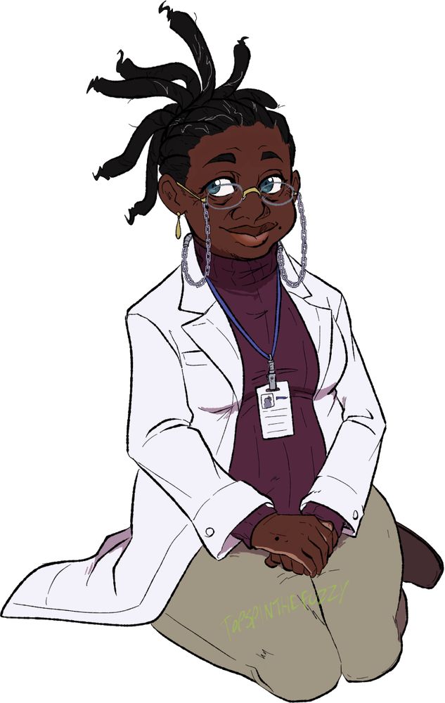 Maya, an older black woman, sits on the ground with her hands laid over one another, wearing a labcoat, glasses, and a gentle smile.