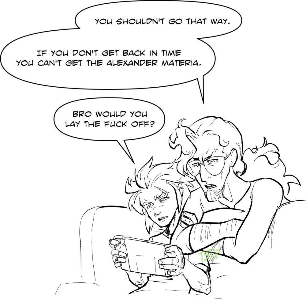 Walsh backseat gaming as Arthur plays Final Fantasy 7.
Walsh says "You shouldn't go that way. If you don't get back in time you can't get the Alexander Materia."

Arthur replies "Bro would you lay the fuck off?"