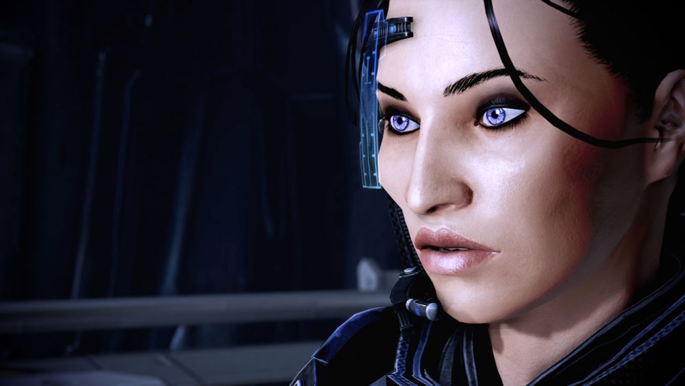 Mass Effect oc Talisa "Blaze" Shepard, a Vietnamese American woman with long black hair pulled back into a ponytail and violet colored eyes.