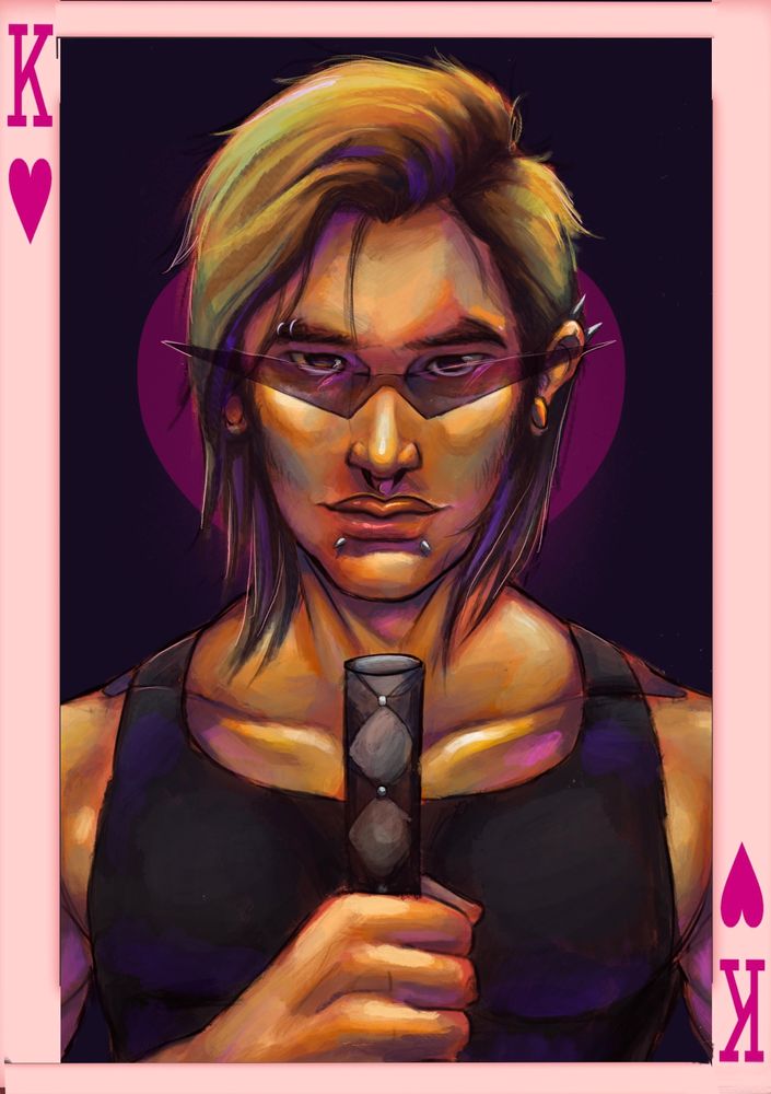 Asian male bust up only appearing, with a black tank top, long blonde hair, piercings on face and pointed glasses holding a katana base looking at the camera. Orange and magenta undertones and a K and a heart card as a boarder