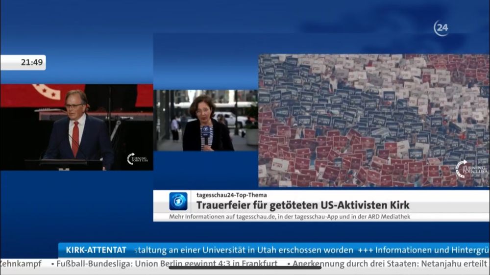Screenshot von Tagesschau24 mit Liveberichterstattung der Trauerfeier von Kirk. 