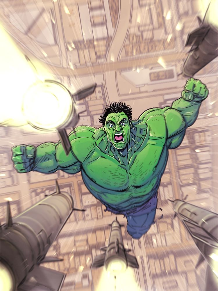 comic book illustration cover incredible hulk jumps against some missiles to stop them of falling over a city. illustration, marvel, marvel comics, comics, comic-book