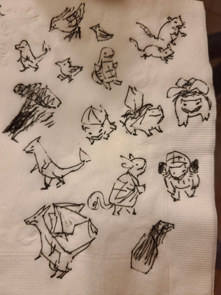 napkin drawing of the first several pokemon in the gen i pokedex