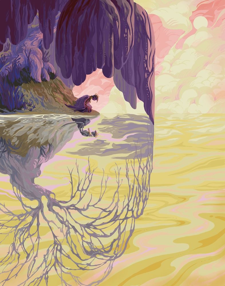 Illustration of a winged figure underneath a willow tree. The water reflection reveals the skeleton of both the figure and the tree. The water is yellow and swirly, and the cloud-filled sky is pink.