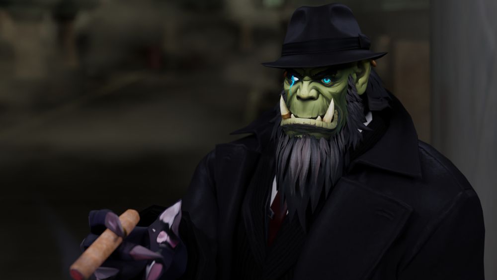 An Orc in a black suit is holding a smoking cigar while standing at the side of the road. He is looking at the camera menacingly.