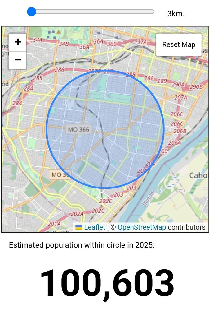 A 3km radius circle in St Louis with an estimated population of 100,603.
