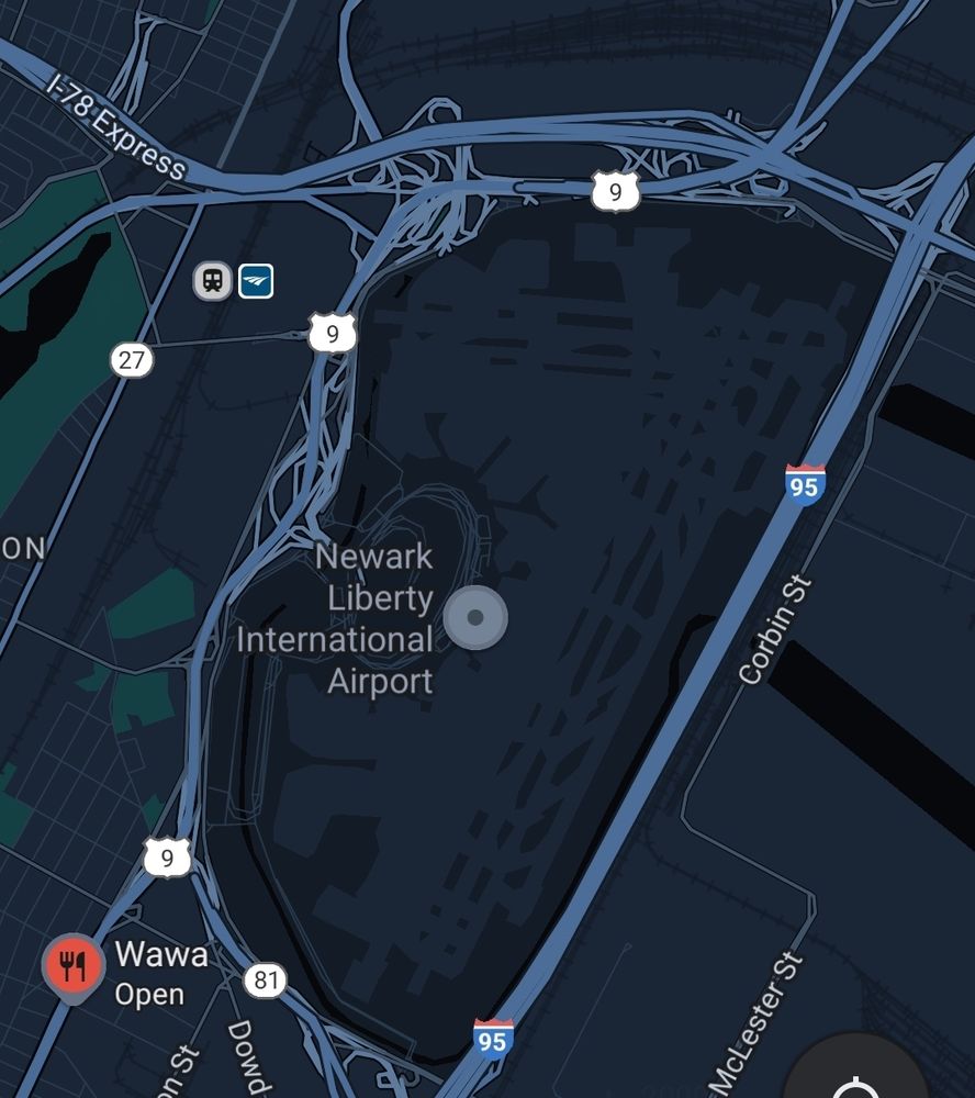 Google Map showing Newark Airport and a Wawa a few blocks southwest of the airport's beltway of roads and highways.