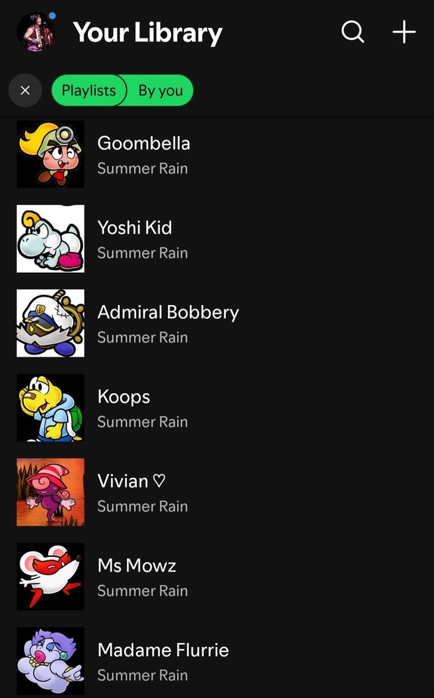 Screenshot showing all my playlists for the companion characters in pmttyd