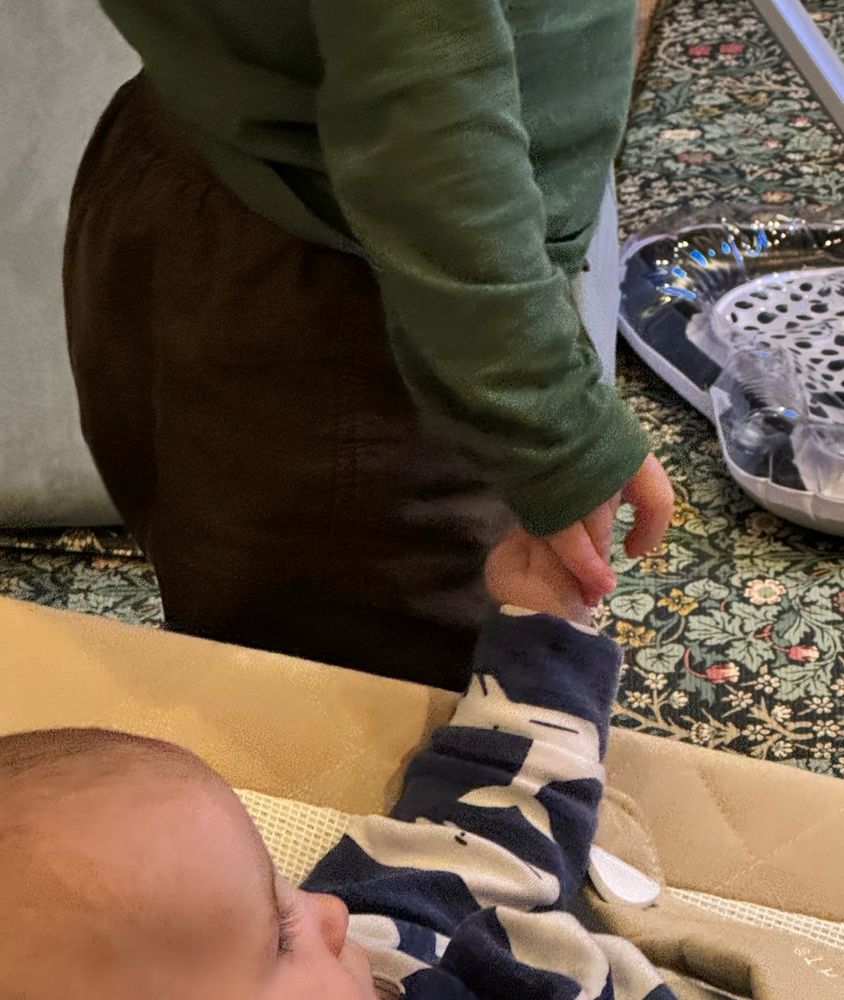 A little boy holding his baby brother’s hand.