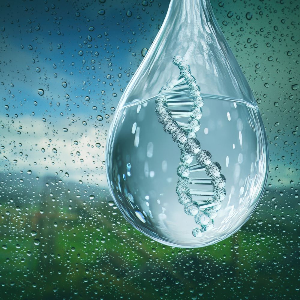 A drop of water containing a DNA molecule in front of a blurry nature background.