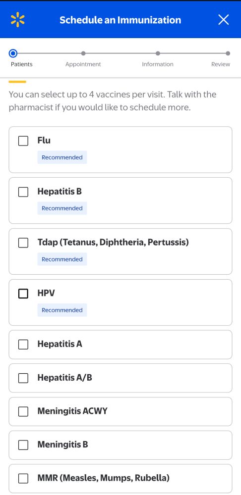 A screenshot from Walmart's vaccine scheduler.

It offers Flu, Hep B, Tdap, HPV, Hep A, Hep A/B, Meningitis ACWY, Meningitis B, MMR, but no Covid-19.