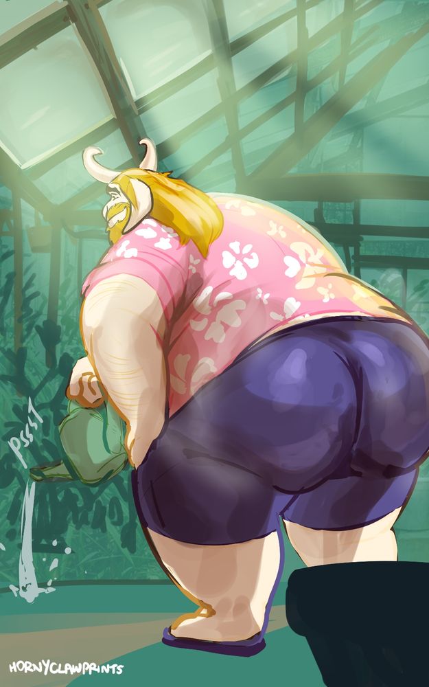 asgore in a floral shirt hunched over watering some plants in a greenhouse, bathed in morning sun. his butt is caked up and glossy, with mists of musk wafting from the sweat he's worked up back there..