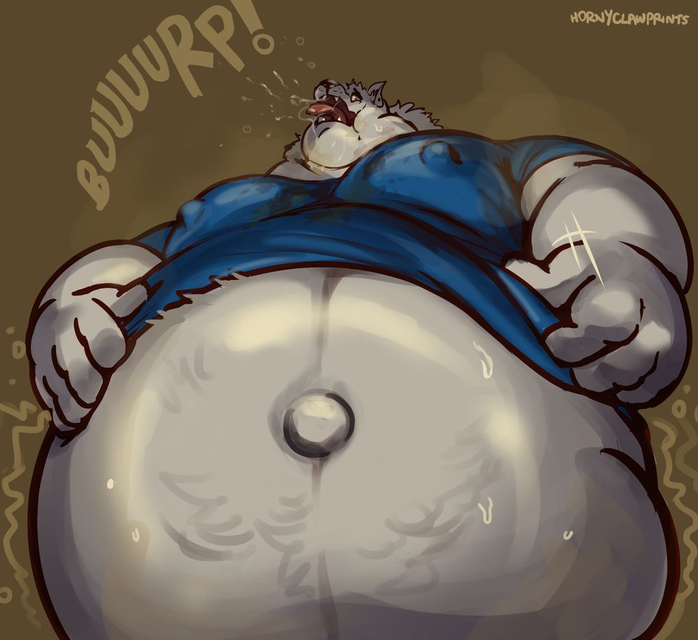 a low angle of a slobby wolf's belly, only slightly covered by a stained spandex shirt ten sizes too small