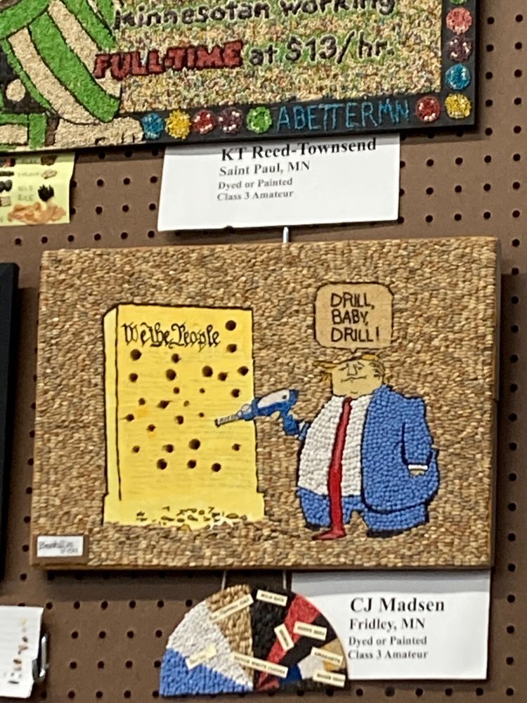 Seed art of Trump poking holes in the Constitution and saying “drill baby drill”