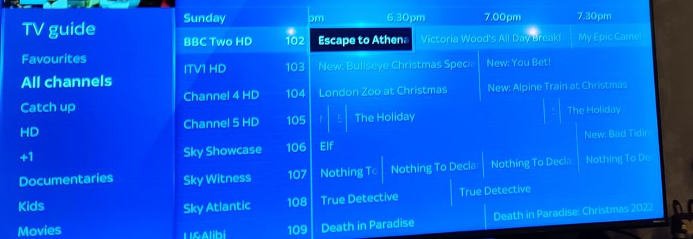 On-screen TV Guide with ITV showing Bullseye and You Bet