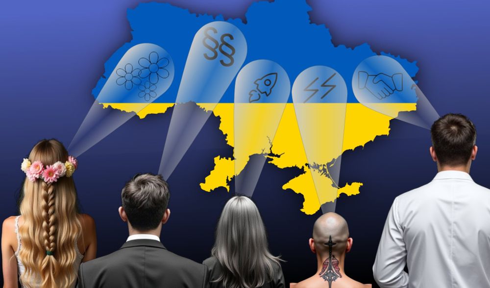Grafik: Ukrainekarte im Hintergrund. 5 Personen unterschiedlichen Alters und Geschlecht projizieren ihre Wünsche und Vorstellungen auf die Karte.
Ein Nazi projiziert Runen, ein Blumemmädchen Blüten, ein Geschäftsmann Paragrafenzeichen, ein Wissenschaftler grüßende Hände